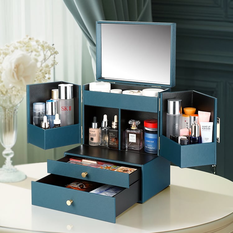 Blue Leather Makeup Organizer with Mirror and Drawers