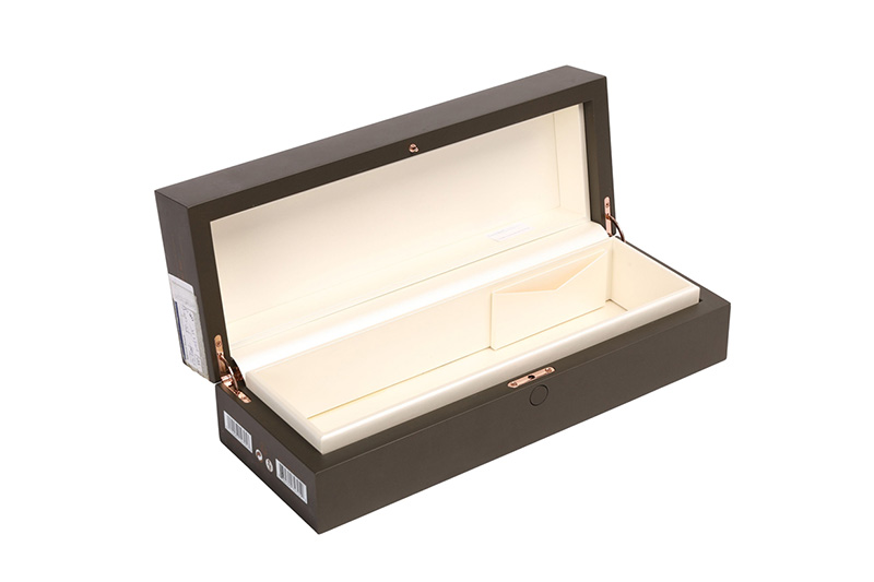 Horizontal view of open rectangular wooden wine box with padded cream interior