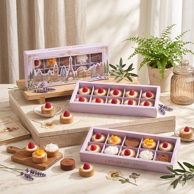 Luxury custom paper cake packaging boxes with clear window in bakery scene layout