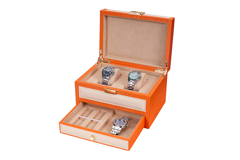 Caja de colección de reloj de cuero para hombre de dos niveles que organiza tres relojes de lujo