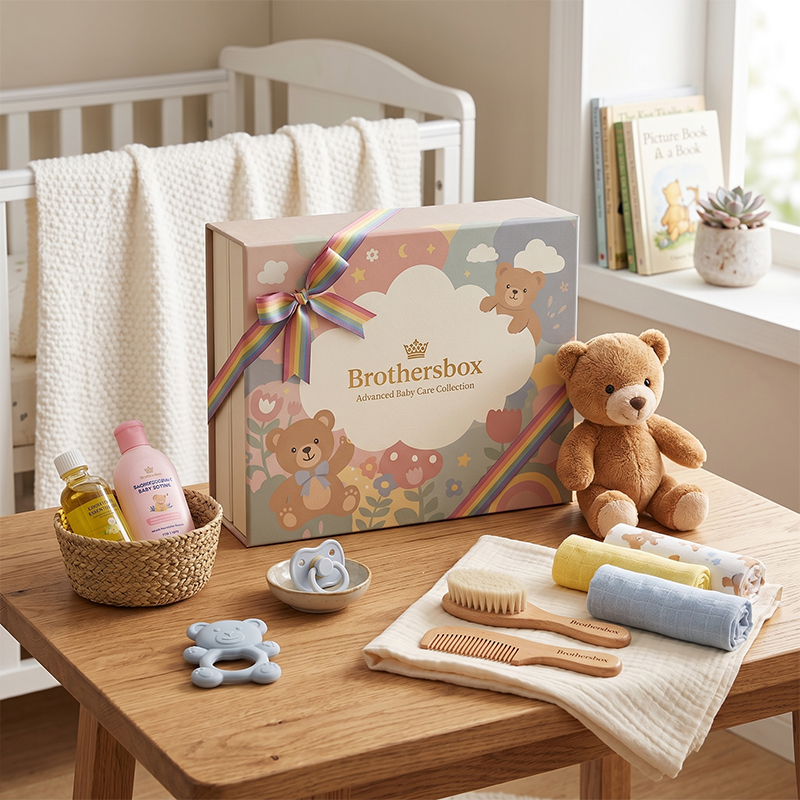 Custom book-style baby skincare gift box displayed on a wooden table in a nursery setting