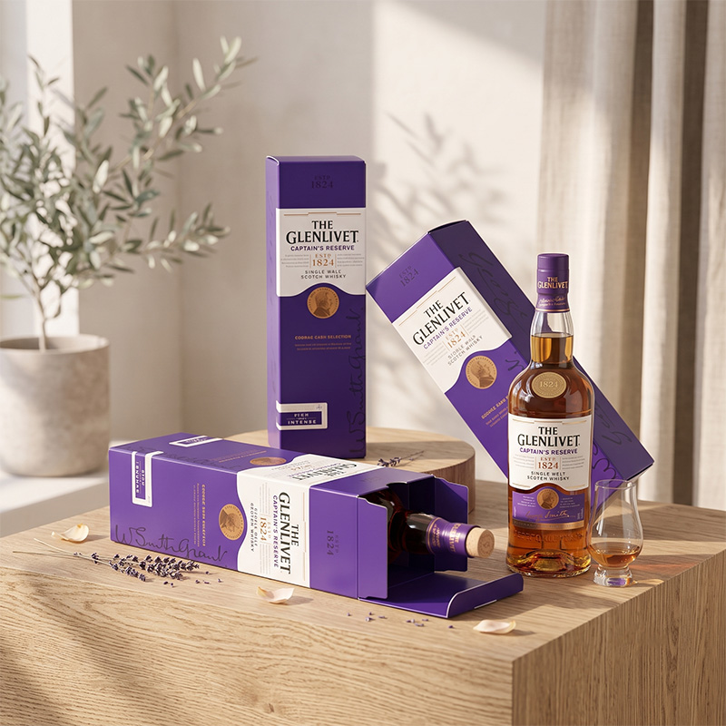 Lifestyle display of custom straight tuck-end single wine packaging boxes by Brothersbox.