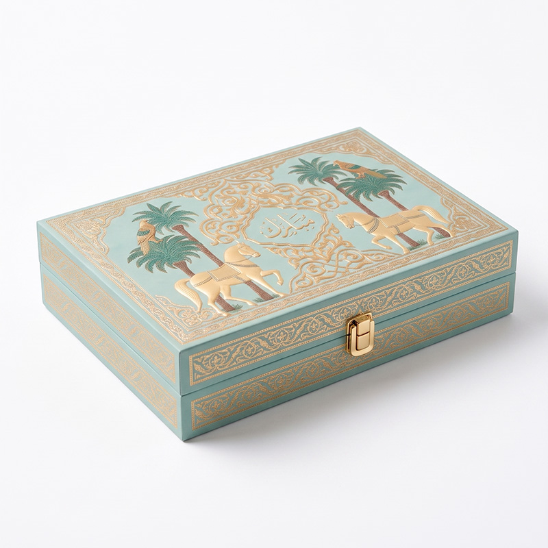Angewinkelte Ansicht einer geschlossenen hellblauen Geschenkbox aus Holz mit einem sicheren goldenen Metallverschluss.