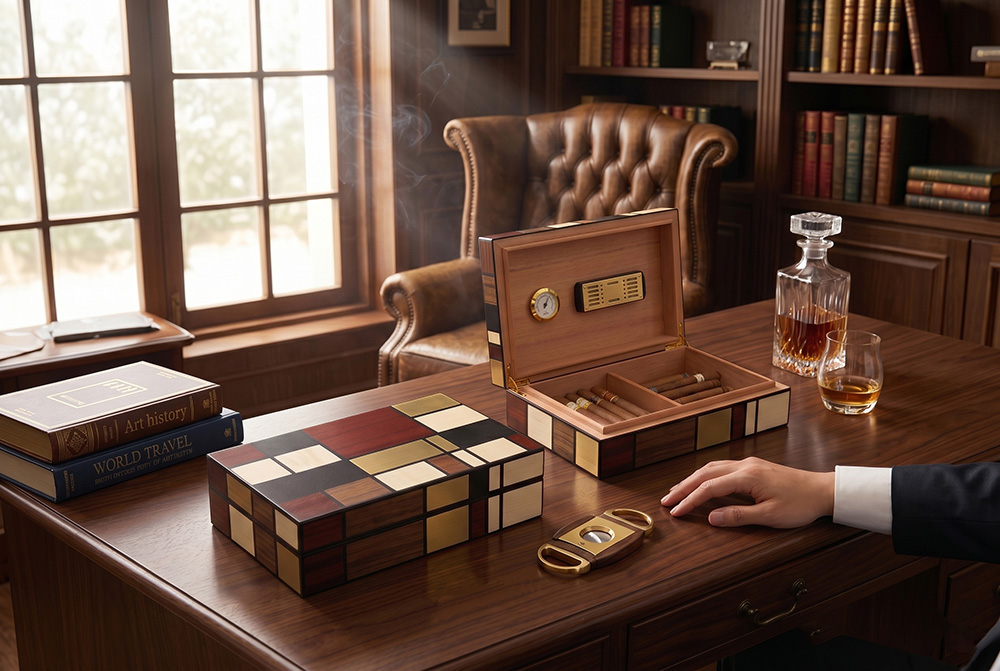 Coffret à cigares en bois, aux motifs géométriques sur mesure, posé sur un bureau d’executive; Brothersbox, fabricant de cadeaux d’entreprise haut de gamme personnalisés.