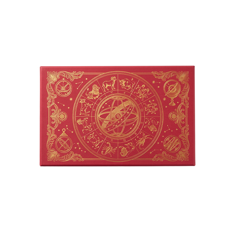 Luxurious red macaron packaging box featuring gold foil twelve zodiac signs design.