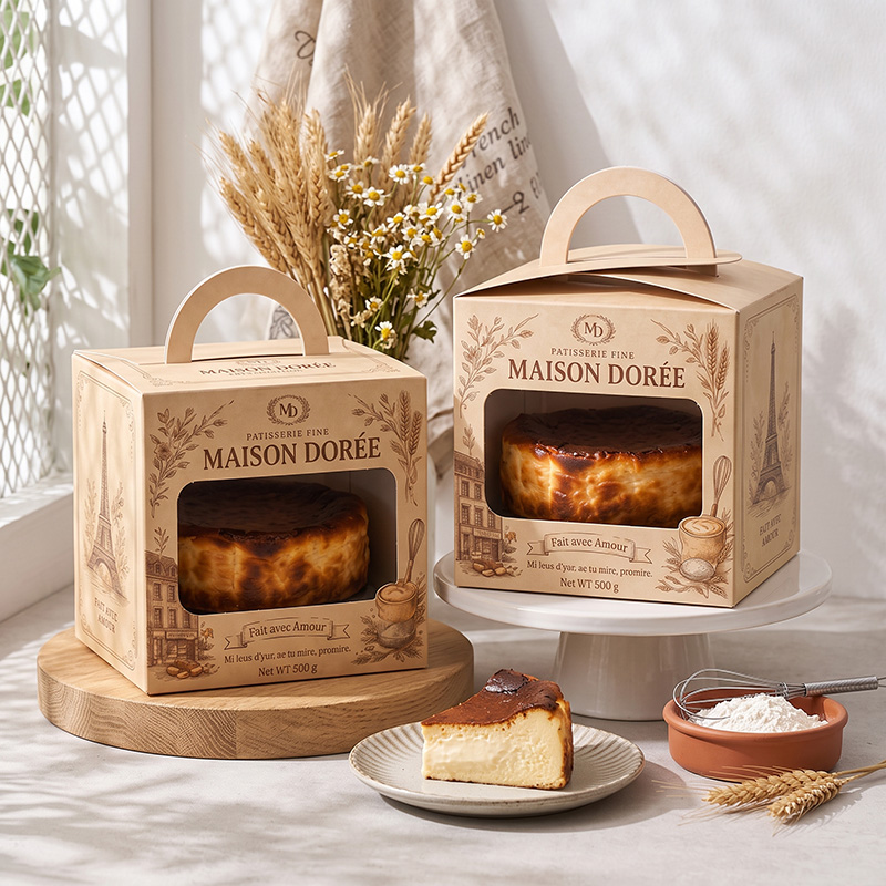 Professional display of custom branded paper handled cake boxes, showing product and packaging.