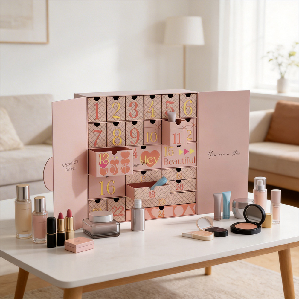 Makeup advent calendar box displayed with various skincare bottles and tubes.