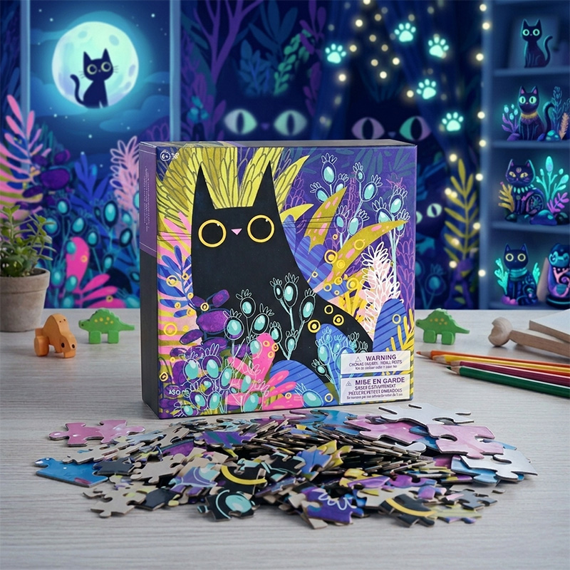 Un rompecabezas de gatos negros completo en una mesa de madera en un acogedor entorno de dormitorio con temática de gatos.