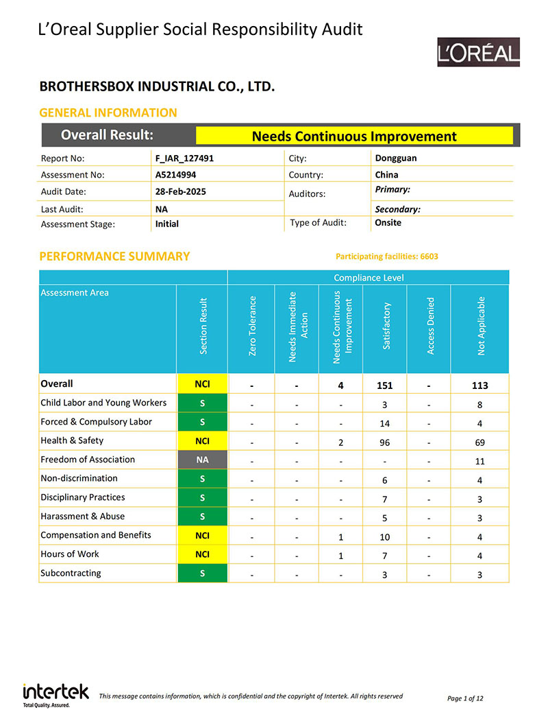 LOREAL Zertifizierungs-und Audit informationen