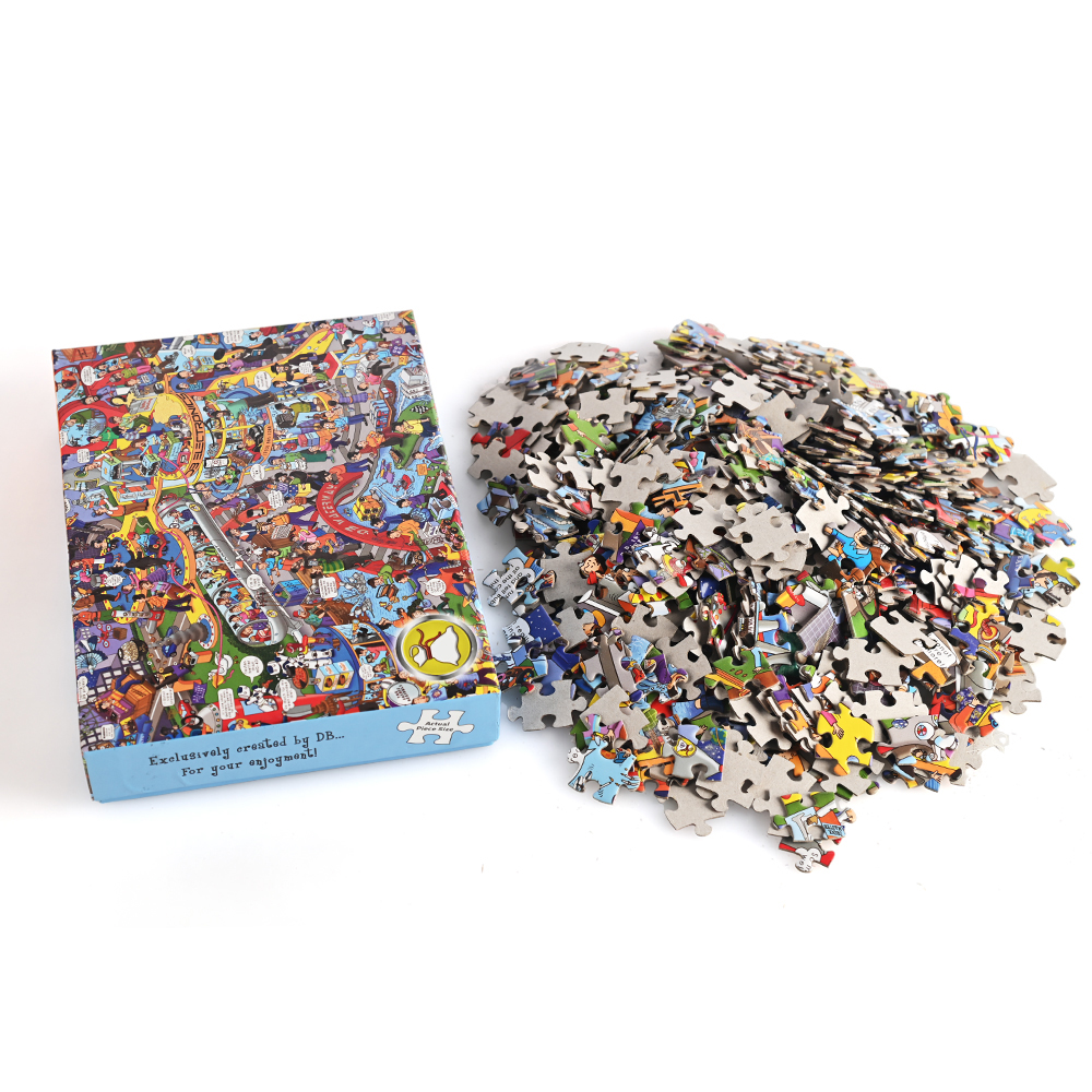 Scattered cardboard puzzle pieces showing diverse colors and interlocking shapes.
