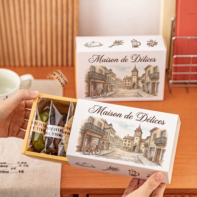Con las manos sacando suavemente el cajón semicircular de una caja de empaque de chocolate personalizada de la caja de hermanos, revelando deliciosas deliciosas y empaquetadas individualmente.
