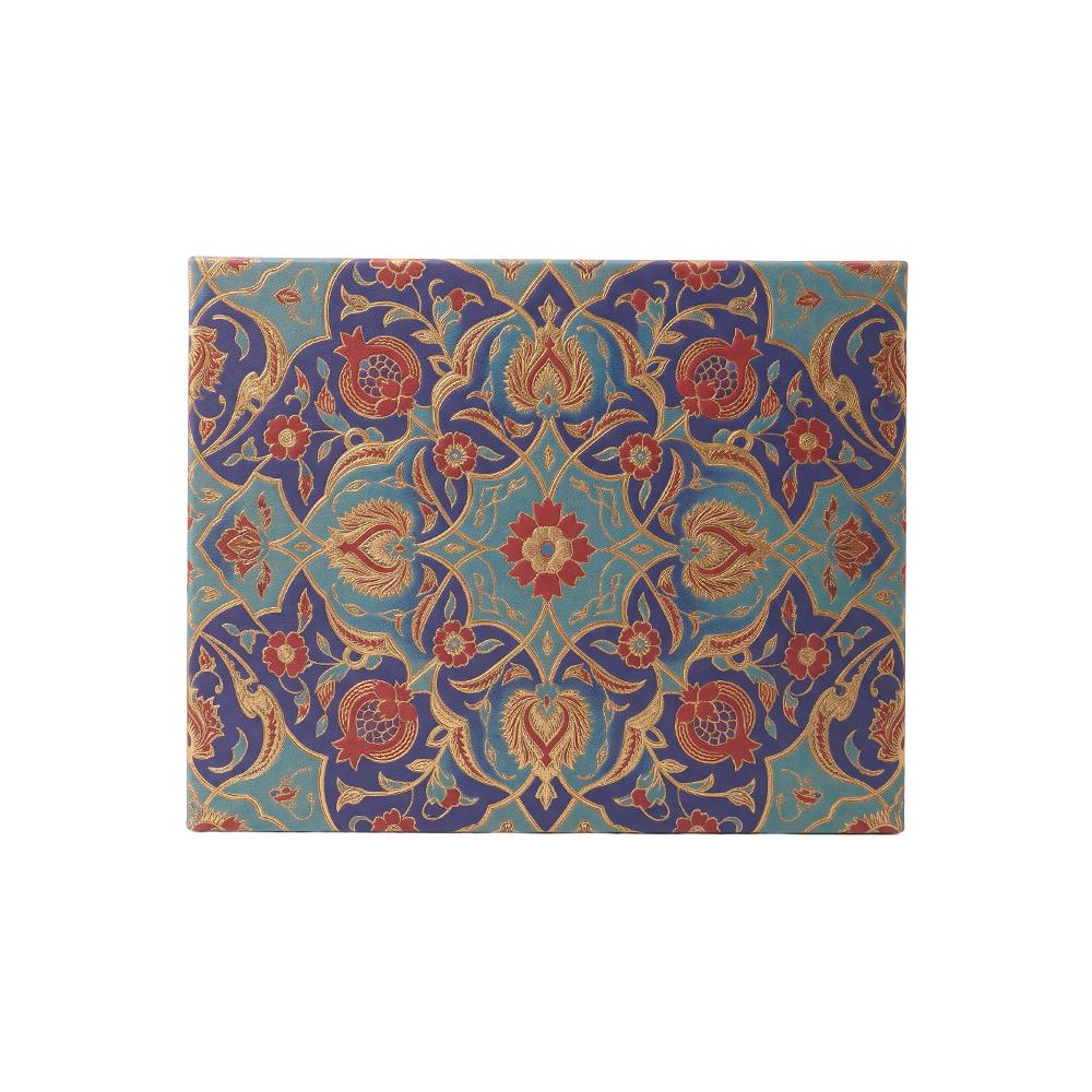 Top view of closed Middle Eastern style Eid dry fruit box with intricate blue and gold arabesque pattern.