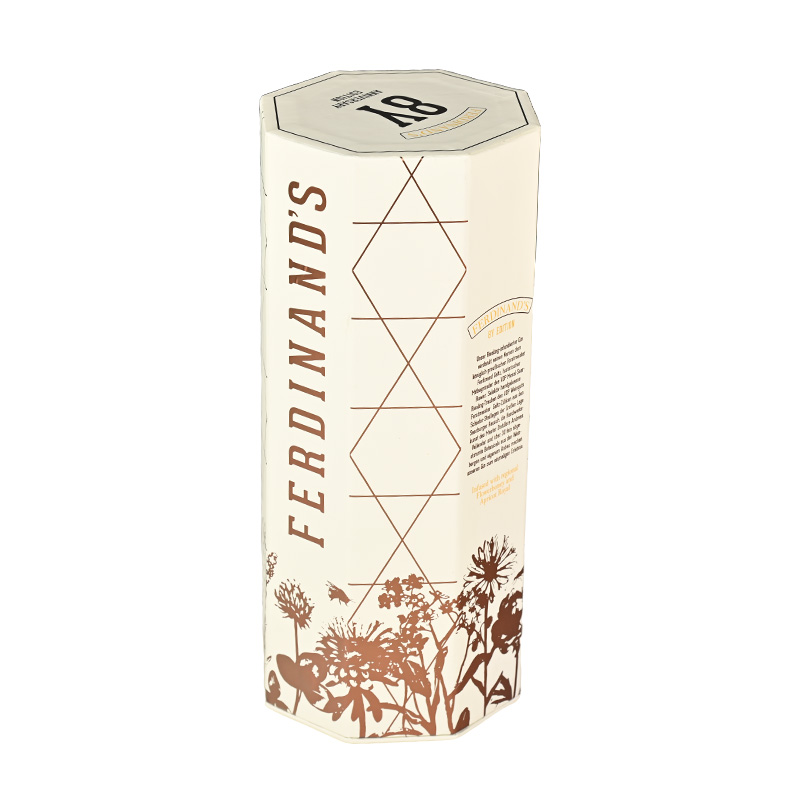 Custom printed luxury rigid tube wine box showcasing detailed brand typography and side panels