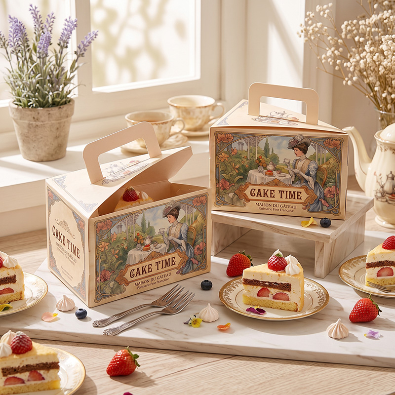 Beautiful afternoon tea setting featuring Brothersbox vintage triangular cake slice boxes and fresh strawberry cakes on a marble table.