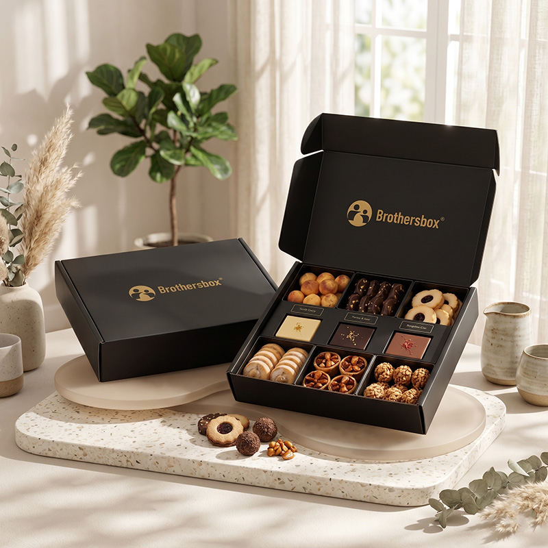 Lifestyle setting of premium black mailer style dry fruits and nuts boxes on a terrazzo serving tray.