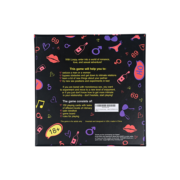 الغطاء الخلفي للعبة الحميمية Loopy التي تعرض قواعد اللعبة وقائمة المكونات.