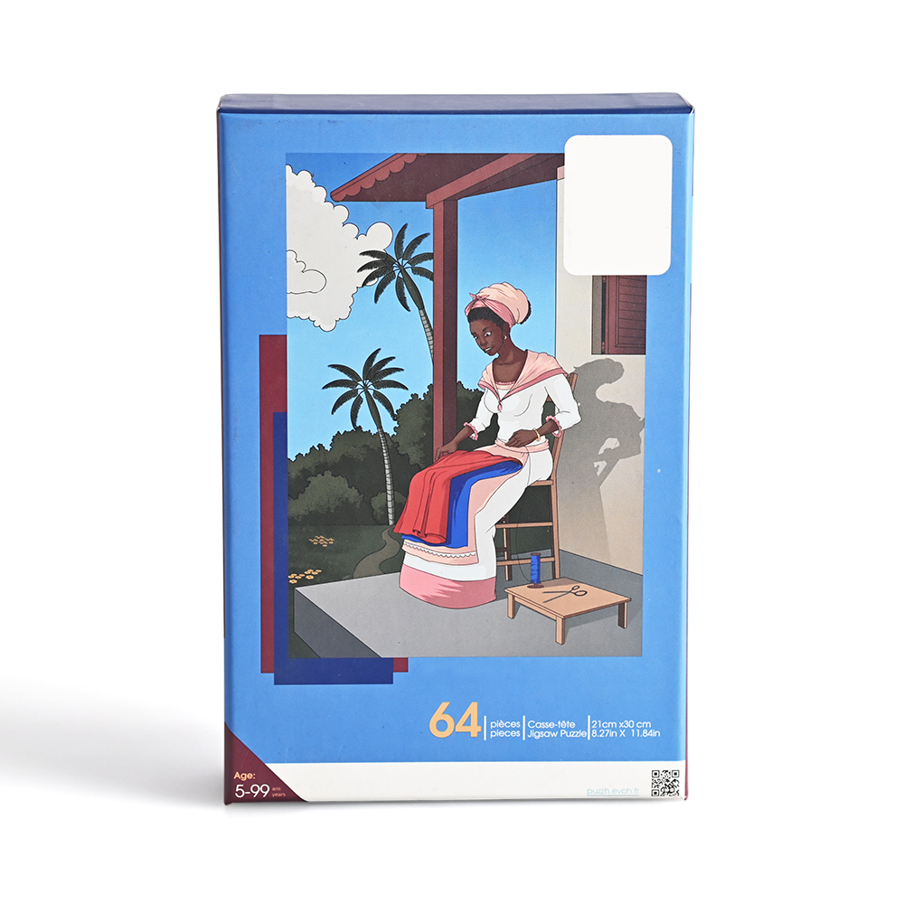 Caja de rompecabezas de 64 piezas con Catherine Flon coser la ilustración de la bandera de haitiano.