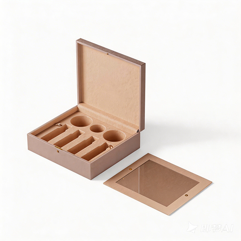 Caixa de perfume de luxo aberta mostrando sua organização interna: uma bandeja de flocagem bege com compartimentos para garrafas e frascos, coberta por um filme PET transparente.