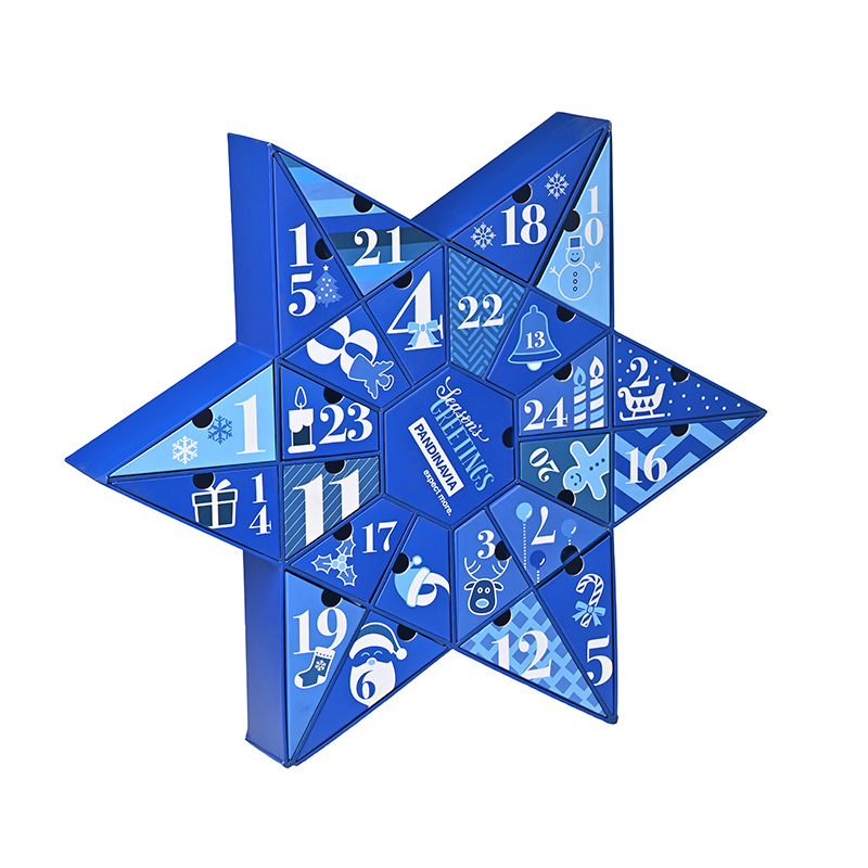 3D angled view of custom star shaped paper Christmas advent calendar with closed drawers