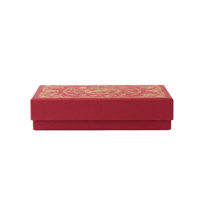 ide profile view of closed luxurious red sweet packaging box for macarons.
