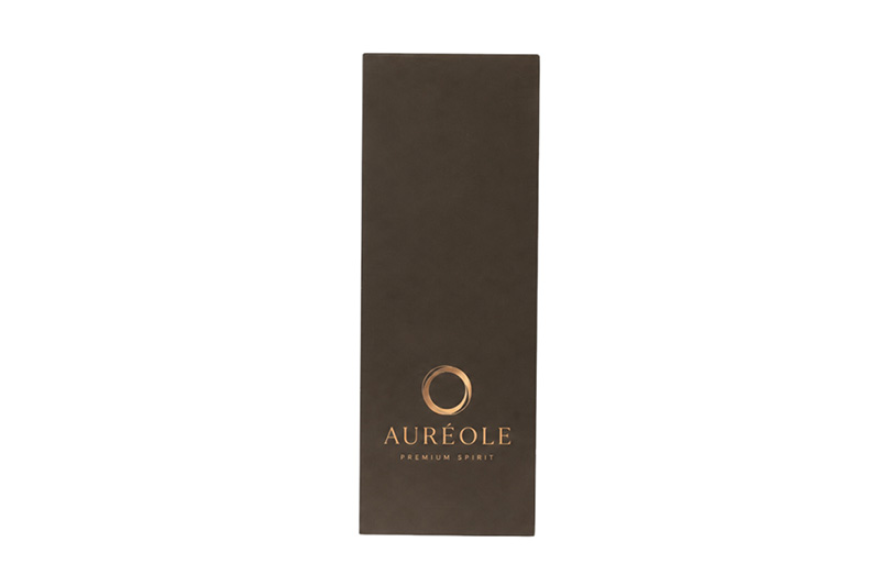 Front view of dark brown rectangular wooden wine box with gold foil logo