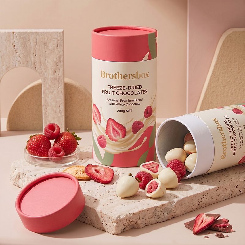 Brothersbox cardboard cylinder tube box spilling white chocolate freeze dried strawberries