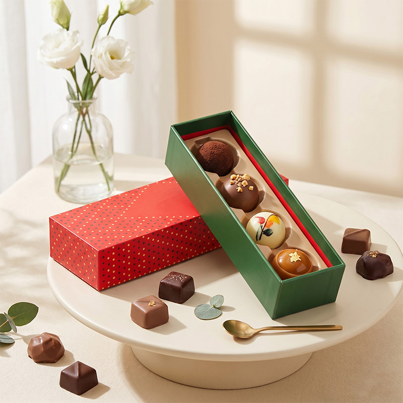 ブラザーズボックス製、プラスチック製保護カバー付きの華やかなチョコレートトリュフ4個入りラグジュアリーボックス。