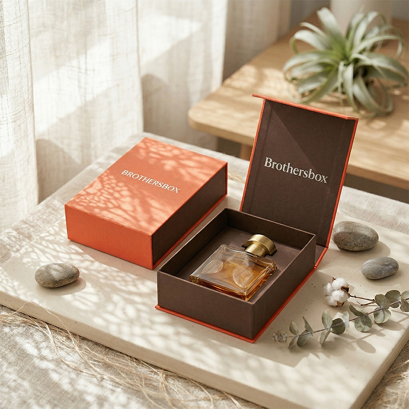 Caixa de embalagem de fragrância magnética high-end exibindo um frasco de perfume de vidro em um ambiente natural iluminado pelo sol.