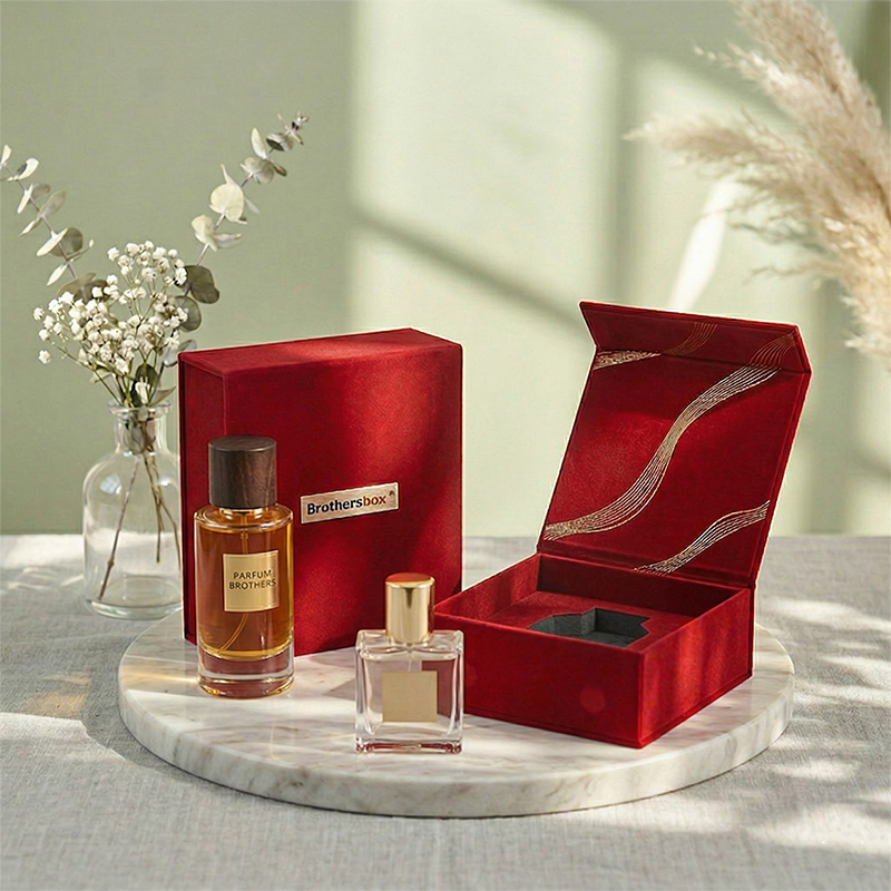 大理石のトレイに花と自然光を添えた、ラグジュアリーなカスタムパフュームのギフトセット。