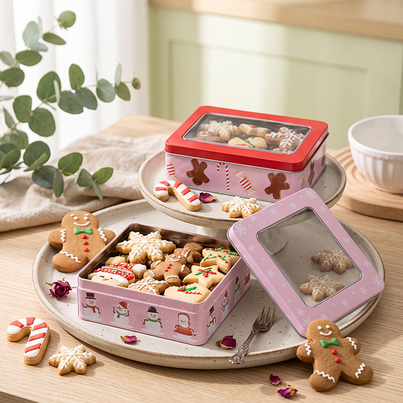 decorated scene with multiple Christmas tin boxes filled with festive cookies