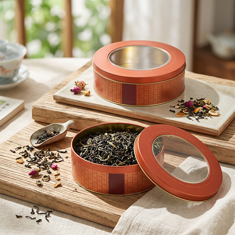 Open round tea packaging tin box filled with loose leaf green tea