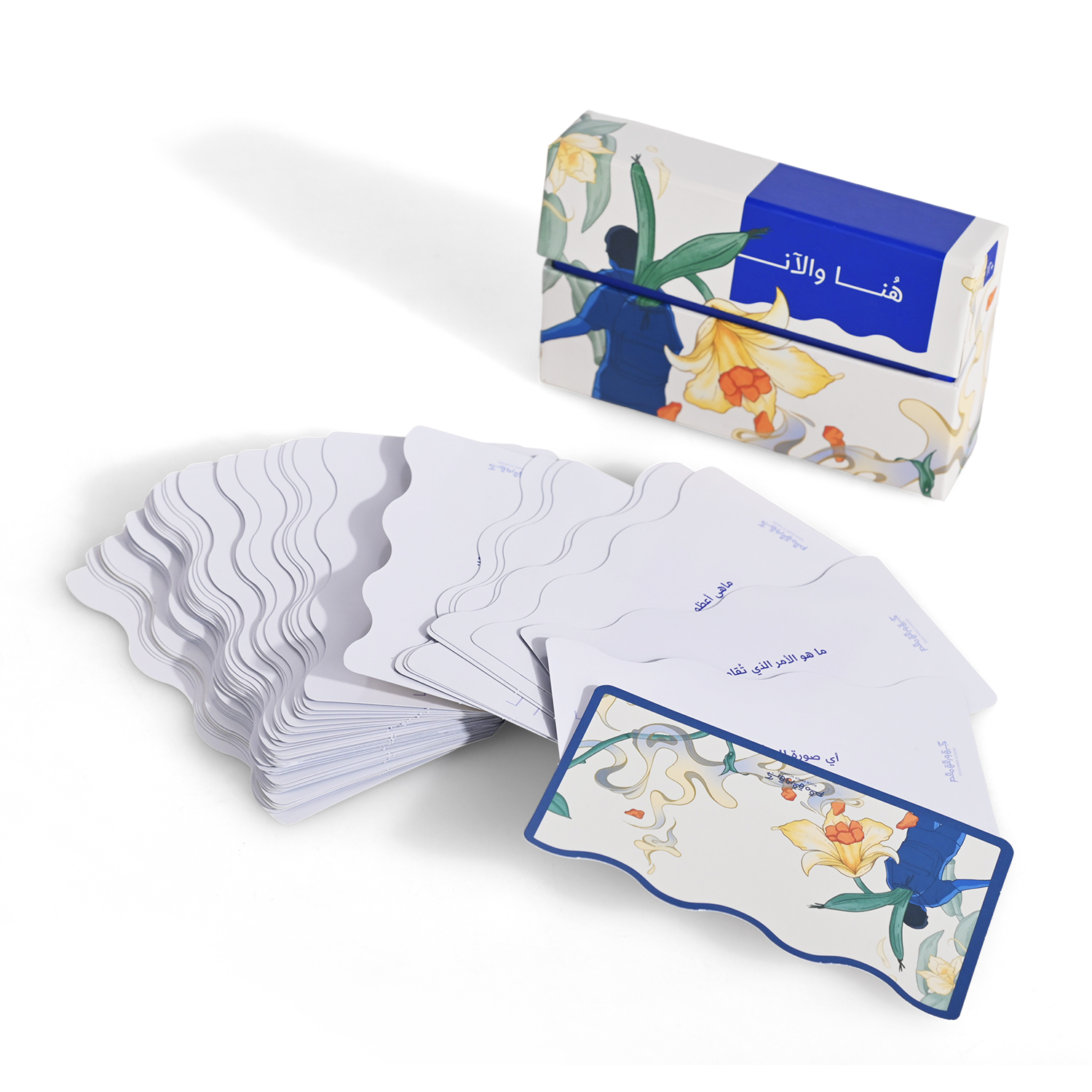 "Here and Now" Arabic script conversation starter deck in a premium flip-top box.