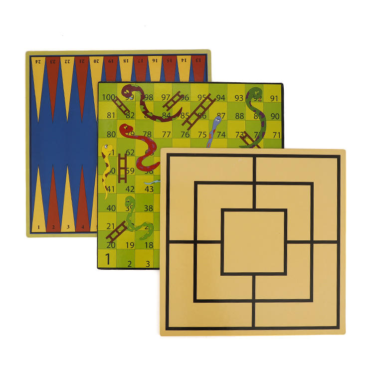 Multiple foldable board game designs including Snakes and Ladders, Backgammon, and Nine Men's Morris.