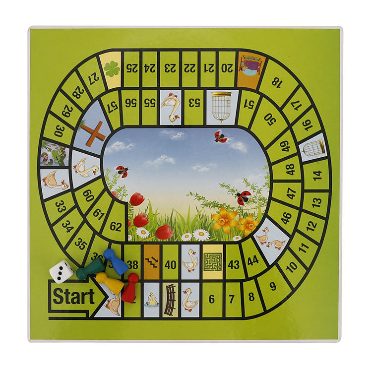Colorful Goose Game board (Gänsespiel) with numbered path and illustrated nature background.