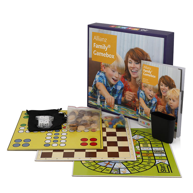 Comprehensive board game collection in a blue box featuring 100 game possibilities.