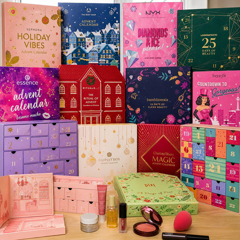 A vibrant display of various cosmetic advent calendar boxes
