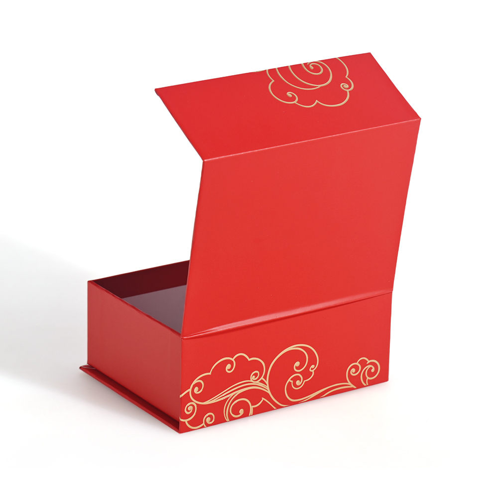 Back view of open Chinese style magnetic gift box showing gold cloud print