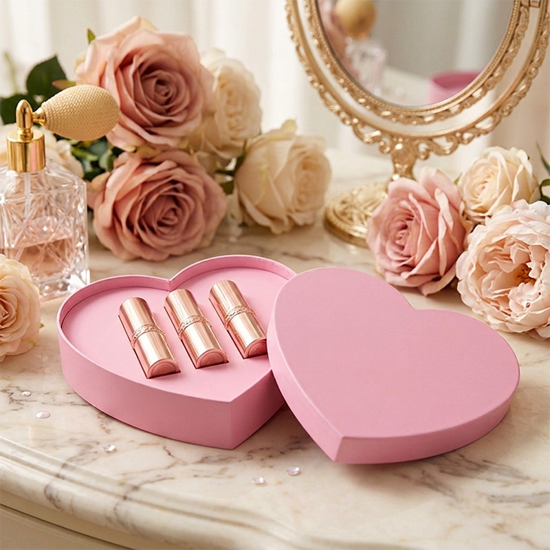 Luxus Valentinstag Geschenkset mit 3 goldenen Lippenstiften in einer rosa herzförmigen Box auf einem Waschtisch.