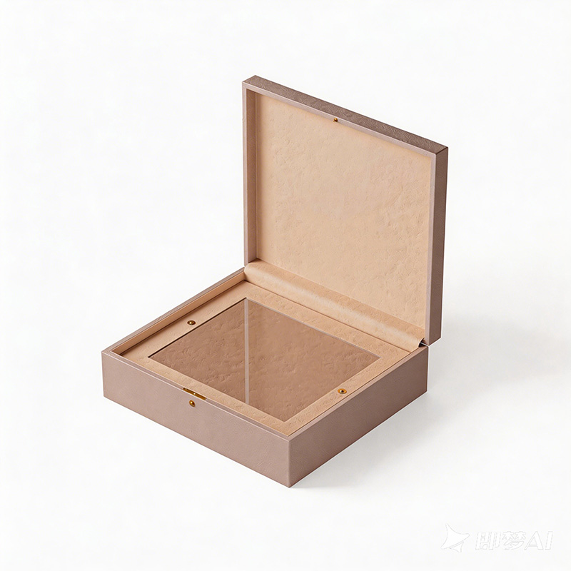 Caixa personalizada Brothersbox com tampa aberta, destacando a combinação de um insert texturizado e uma janela transparente em PET, garantindo tanto a apresentação quanto a proteção do produto.