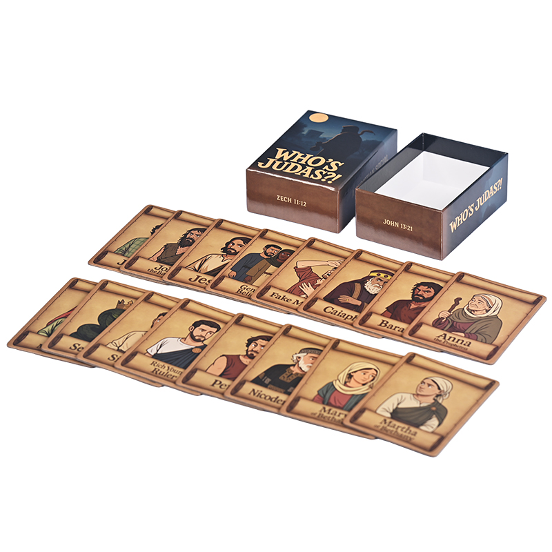 Conjunto completo de tarjetas de personajes que incluyen Jesús, Peter y Judas para el juego de mesa de deducción social