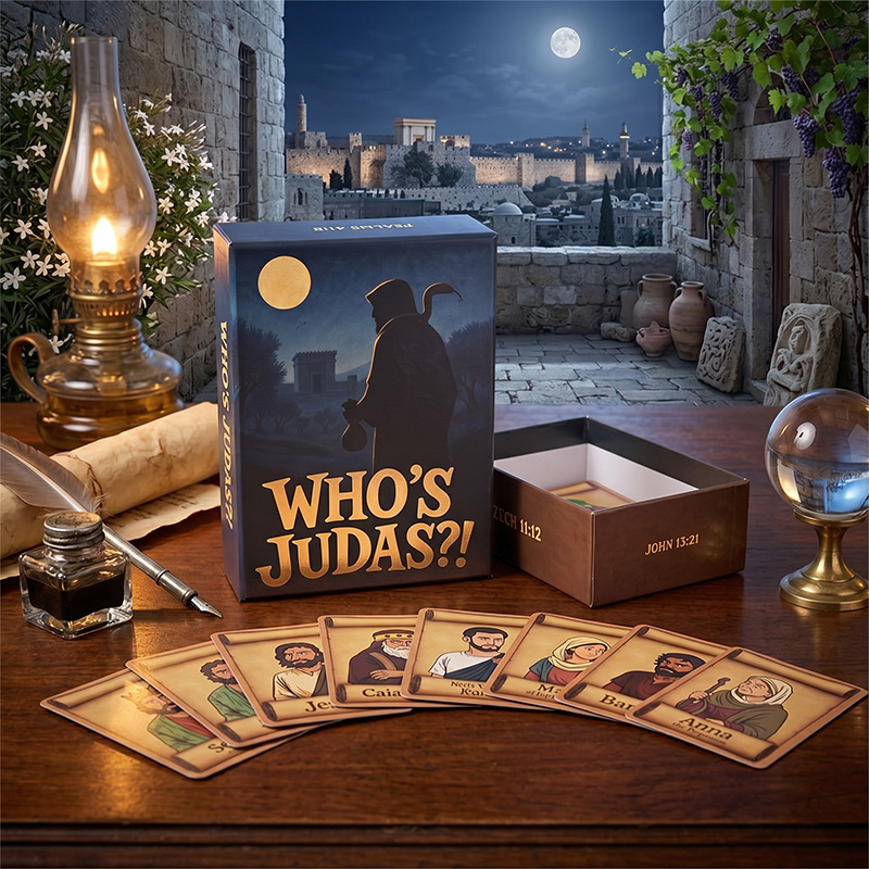 Estilo de vida fotografia de quem é Judas jogo de tabuleiro cristão definido em uma mesa vintage com fundo noturno de Jerusalém