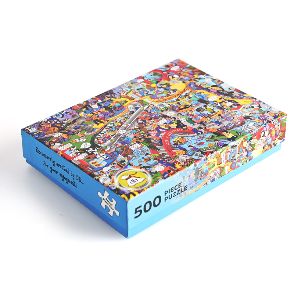Detailed cartoon style jigsaw puzzle box with busy futuristic city scene.