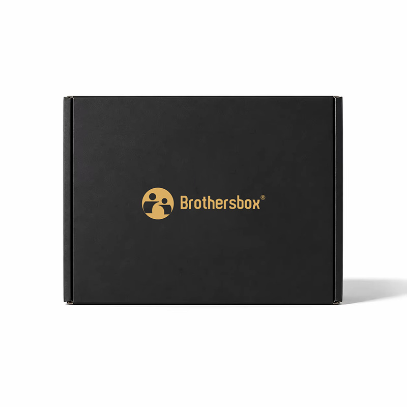 Matte black mailer style dry fruits and nuts box with gold foil Brothersbox logo.