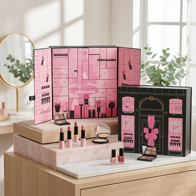Luxury beauty advent calendar displayed on a vanity with lipstick and nail polish.