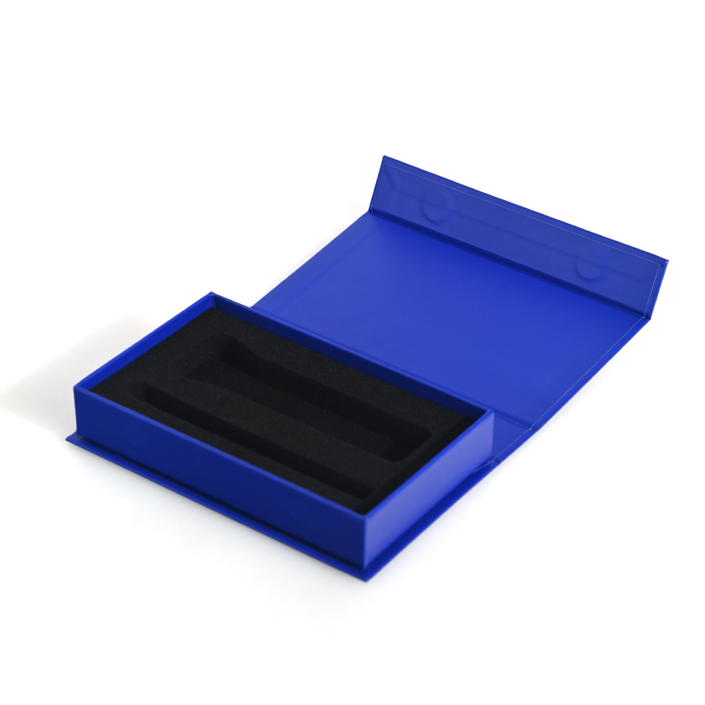 Fully opened vibrant blue rigid box with custom black foam lining