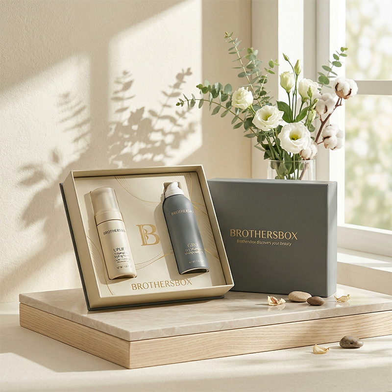 Boîte d'emballage élégant de soins capillaires affichée dans un cadre de vie premium avec des fleurs blanches et la lumière naturelle du soleil.