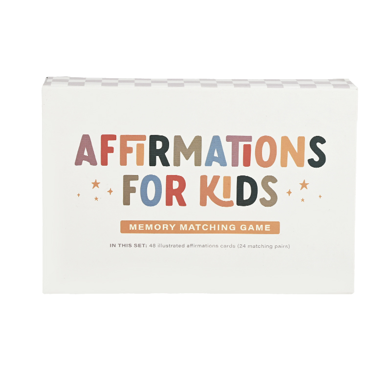 Minimalist pastel design for kids positive affirmation card packaging.