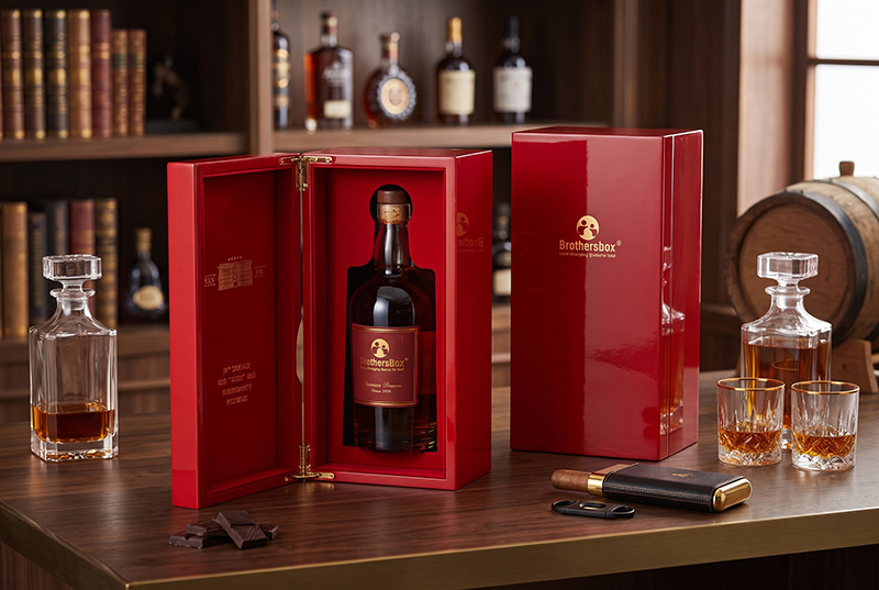 Luxury high-gloss red wooden wine bottle box with piano baking varnish on a bar table