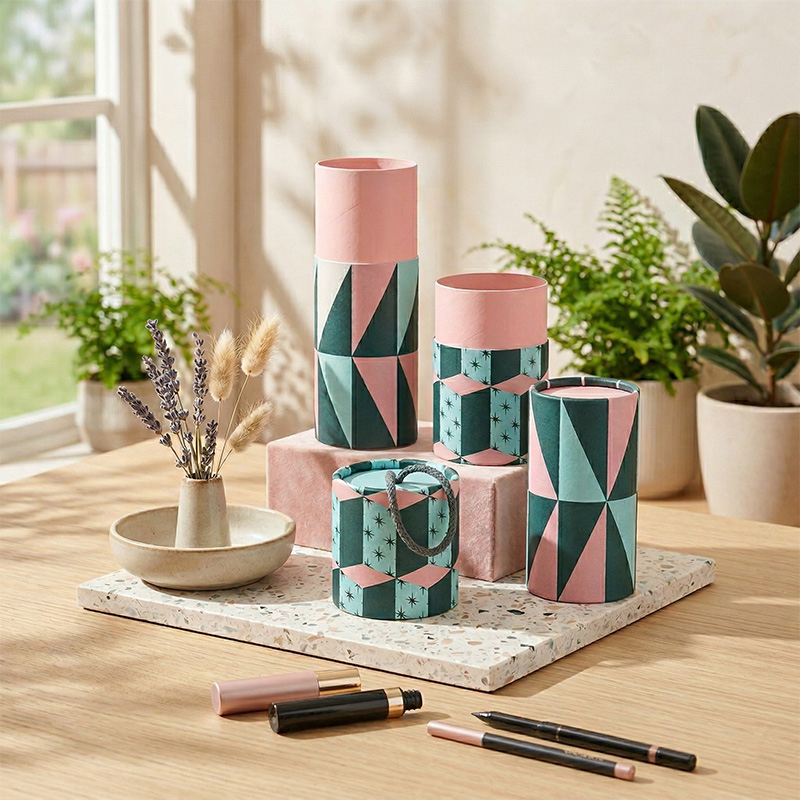 Tubos de cilindro de papelão empilháveis e prontos para presente para embalagens de beleza profissional.