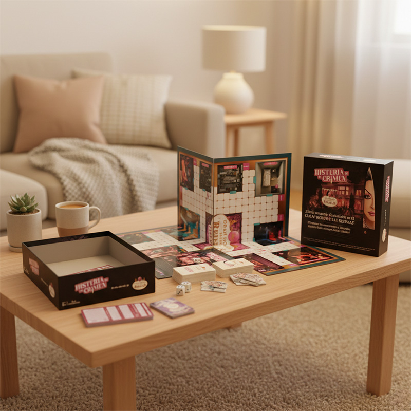 Custom board game components including high-quality cards, dice, and detective pads.